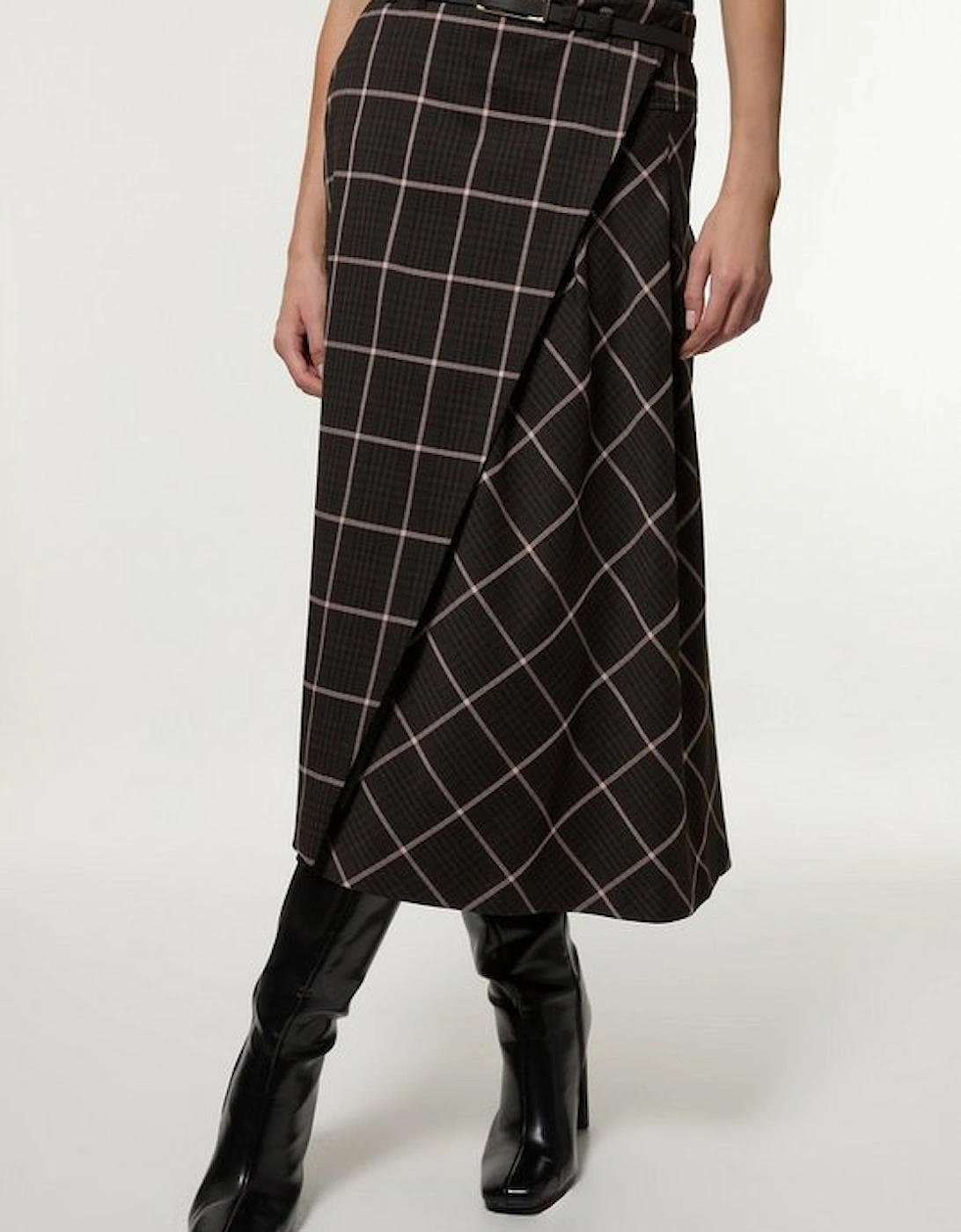 Petite Check Pleated Kilt Belted Midi Skirt