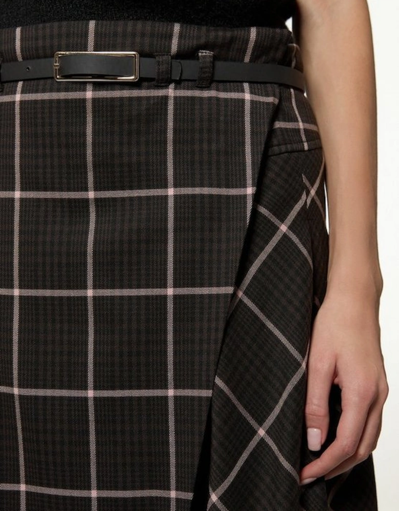 Check Pleated Kilt Belted Midi Skirt