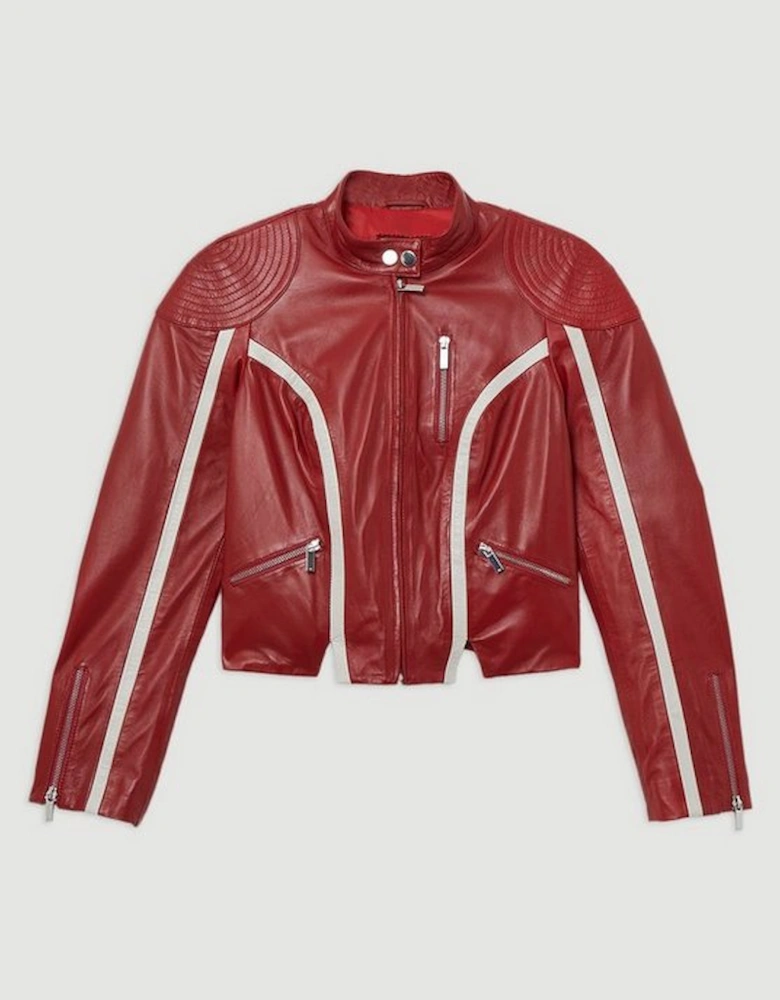 Leather Colourblock High Collar Motto Biker Jacket