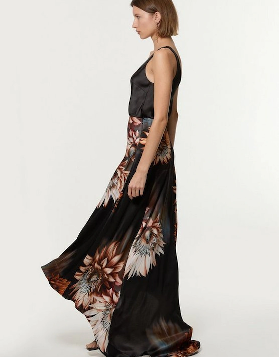 Viscose Satin Printed Panelled Train Maxi Skirt