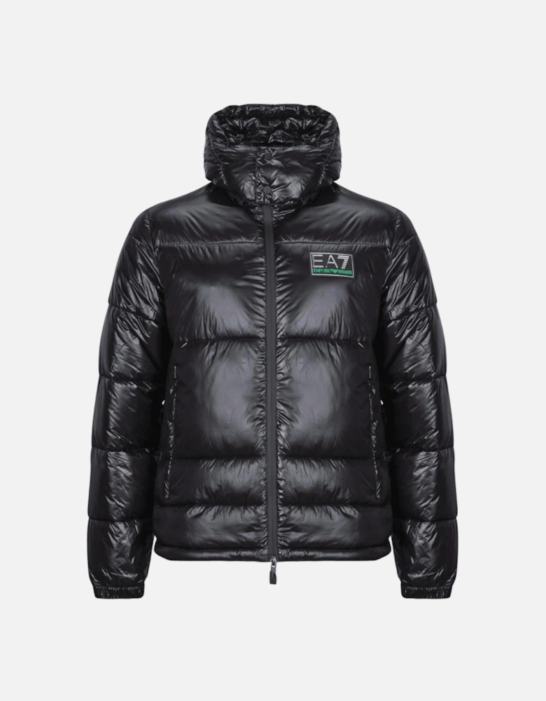 Shiny Reflective Logo Black Puffer Jacket