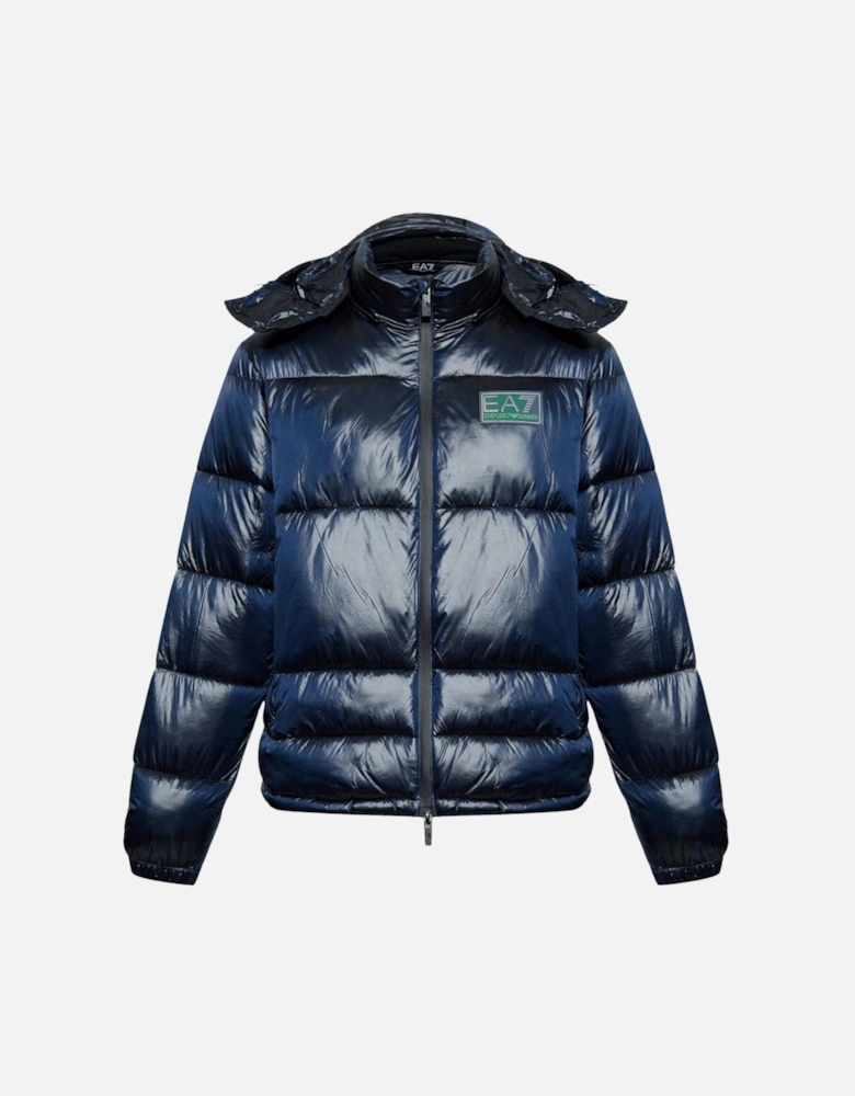 Shiny Reflective Logo Blue Puffer Jacket