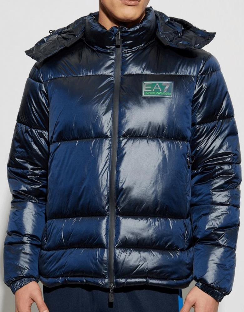 Shiny Reflective Logo Blue Puffer Jacket