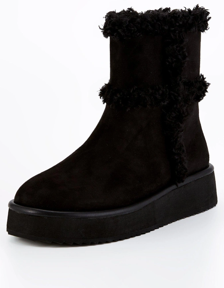 Flatform Ankle Boot With Faux Fur - Black