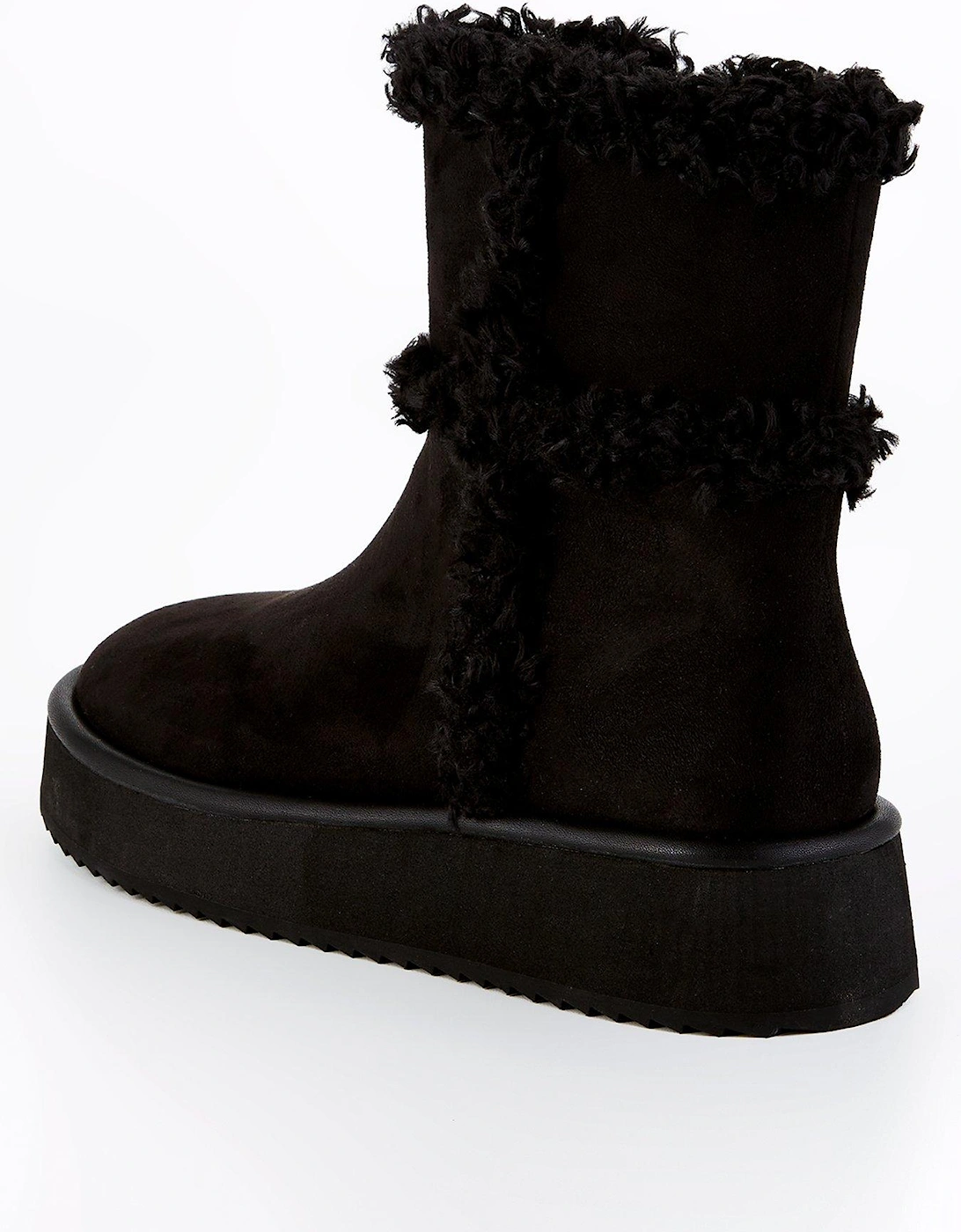 Flatform Ankle Boot With Faux Fur - Black