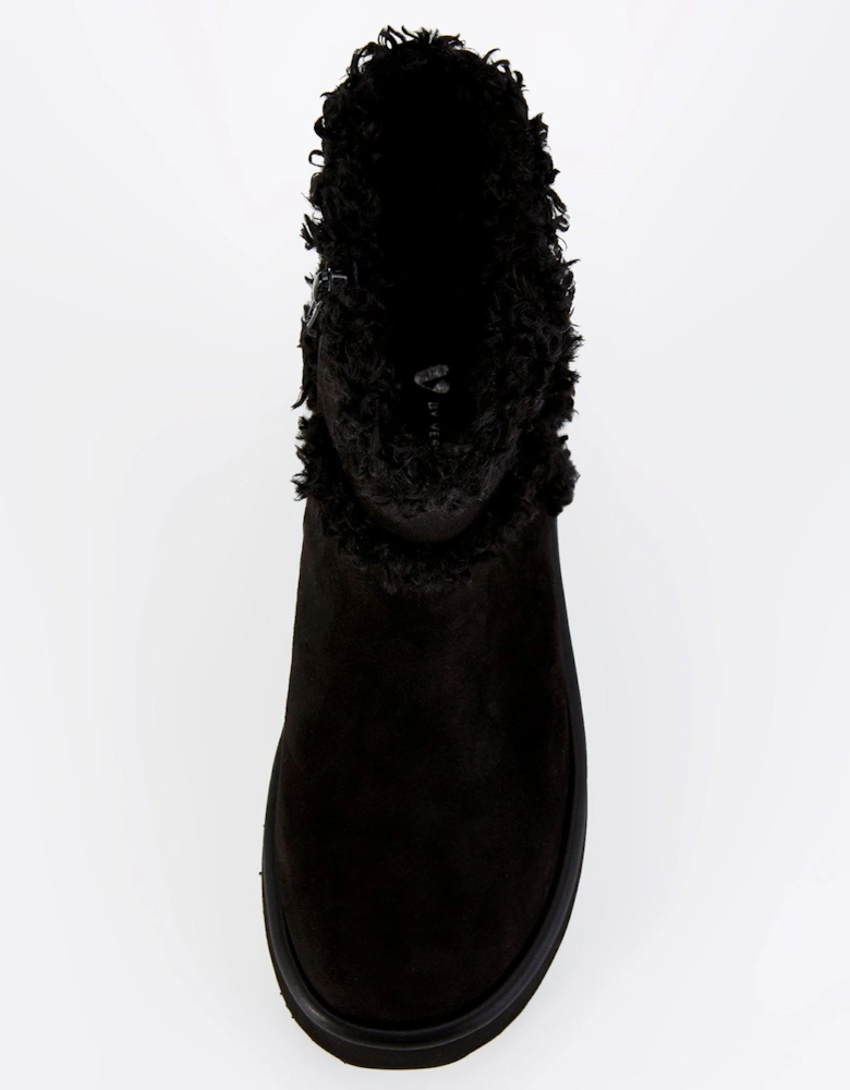 Flatform Ankle Boot With Faux Fur - Black