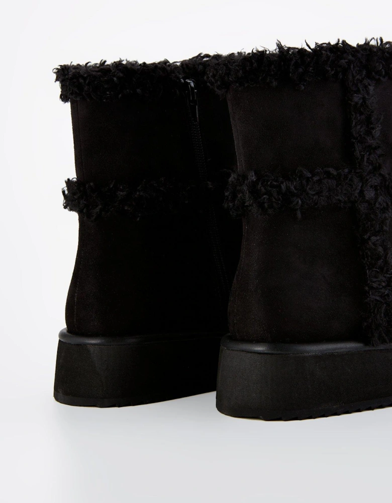 Flatform Ankle Boot With Faux Fur - Black