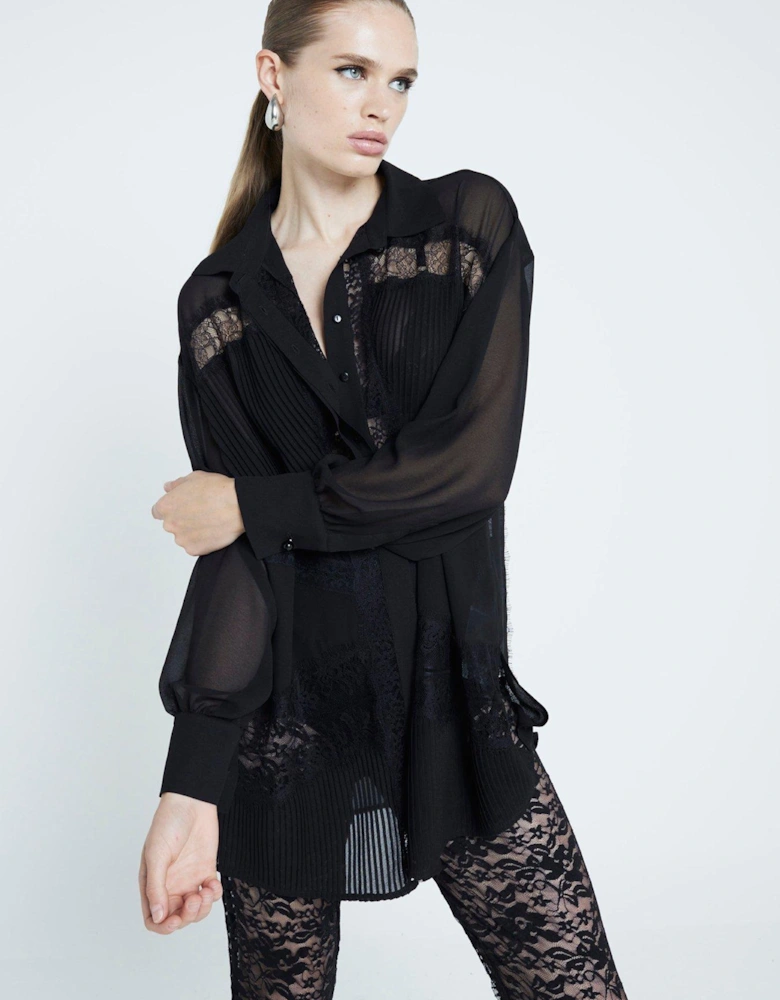 Lace Chiffon Oversized Shirt - Black