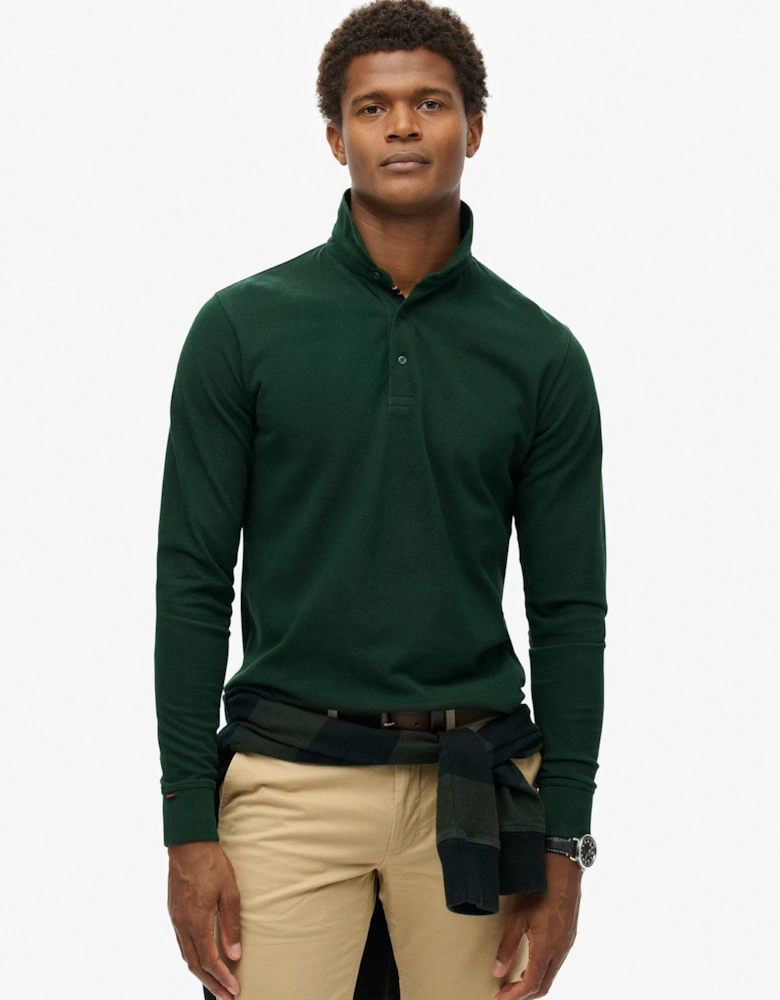 Cotton Long Sleeve Regular Fit Pique Polo Shirt - Dark Green