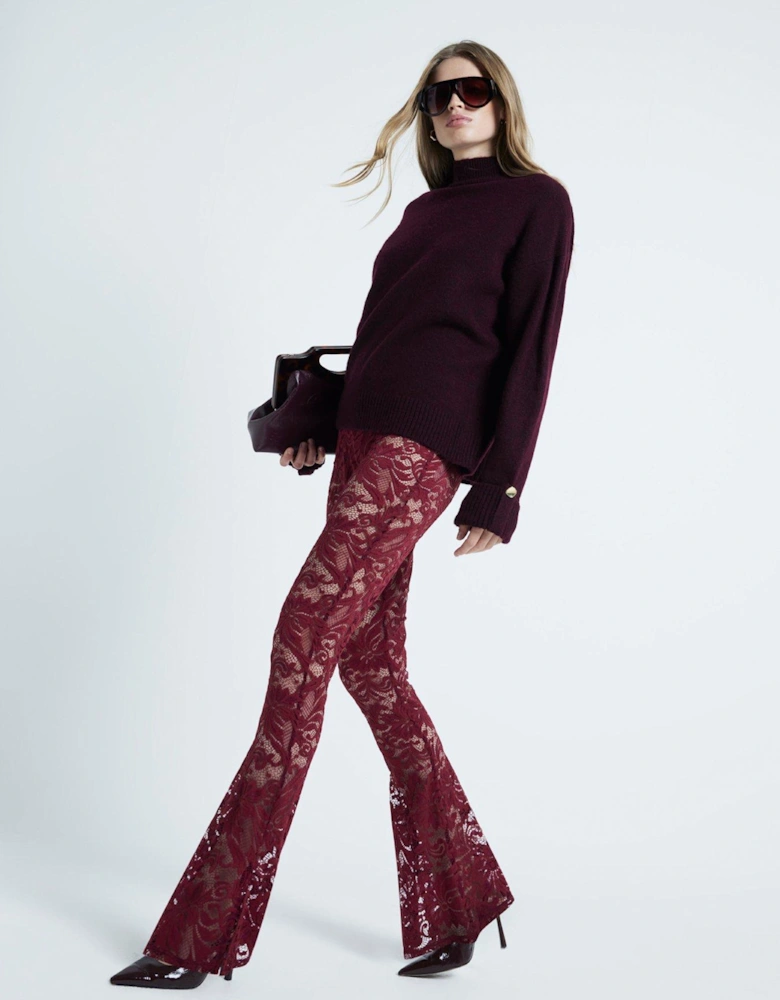 Lace Boot Flare Trousers - Dark Red