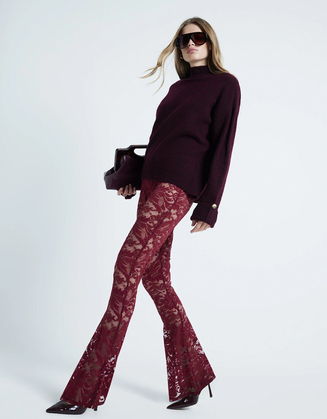 Lace Boot Flare Trousers - Dark Red, 7 of 6