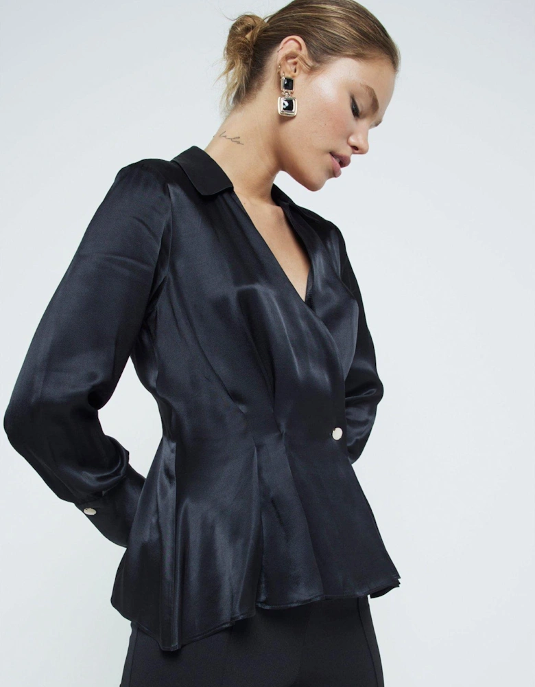 Button Detail Wrap Satin Blouse - Black