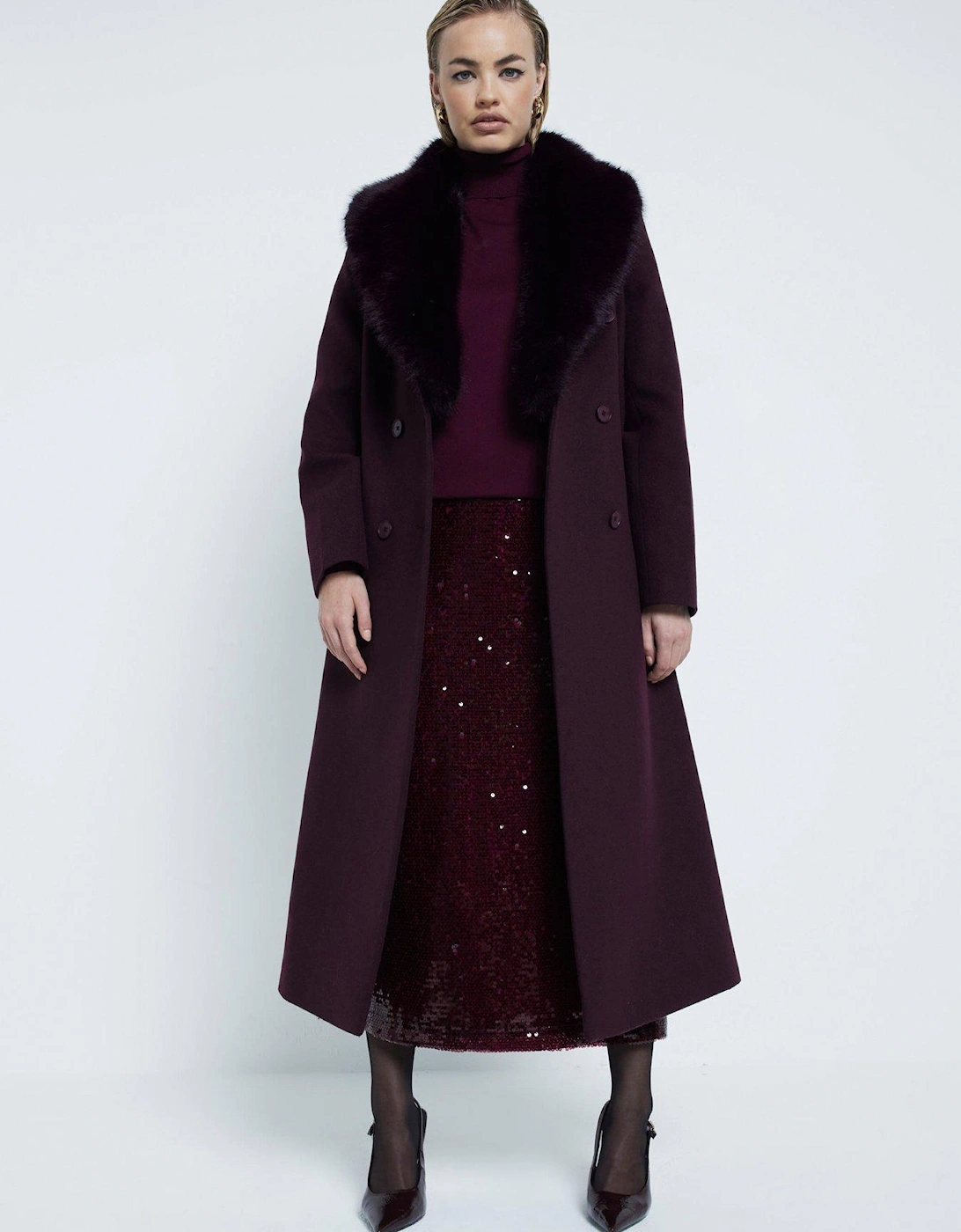 Faux Fur Collar Double Breasted Coat - Dark Red, 7 of 6