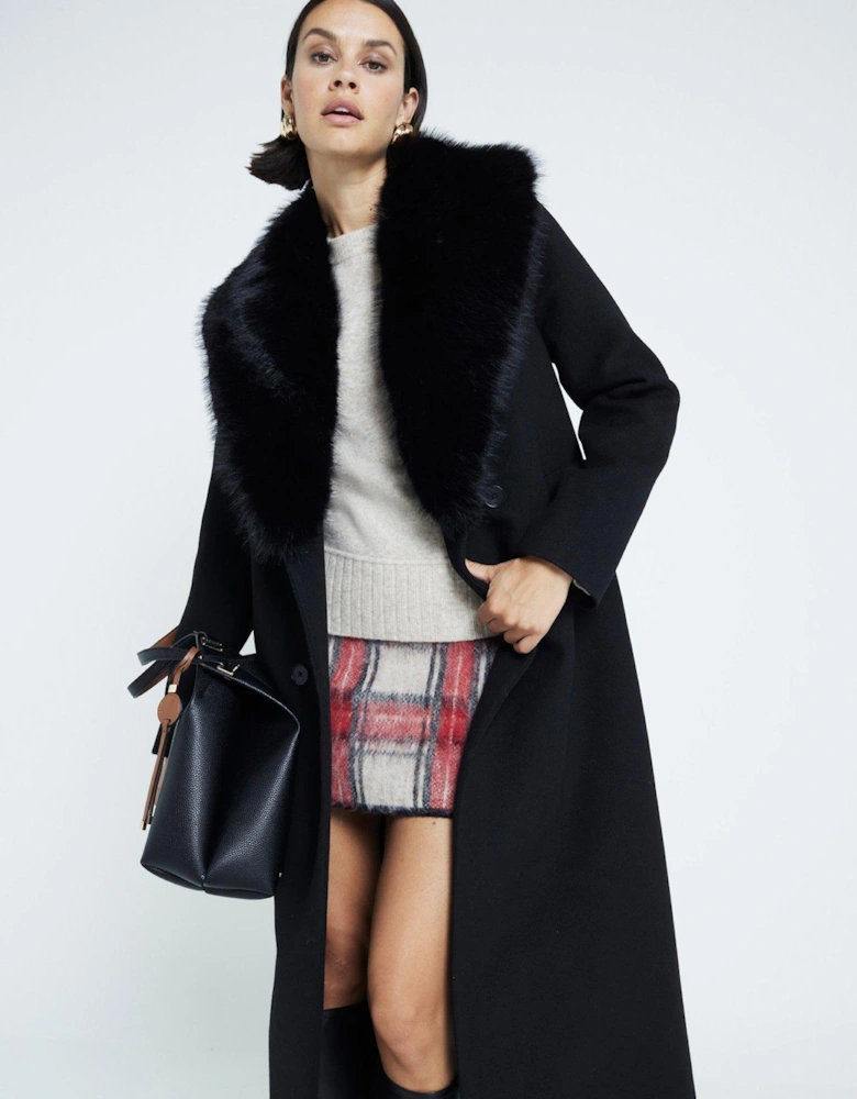 Faux Fur Collar Double Breasted Coat - Black