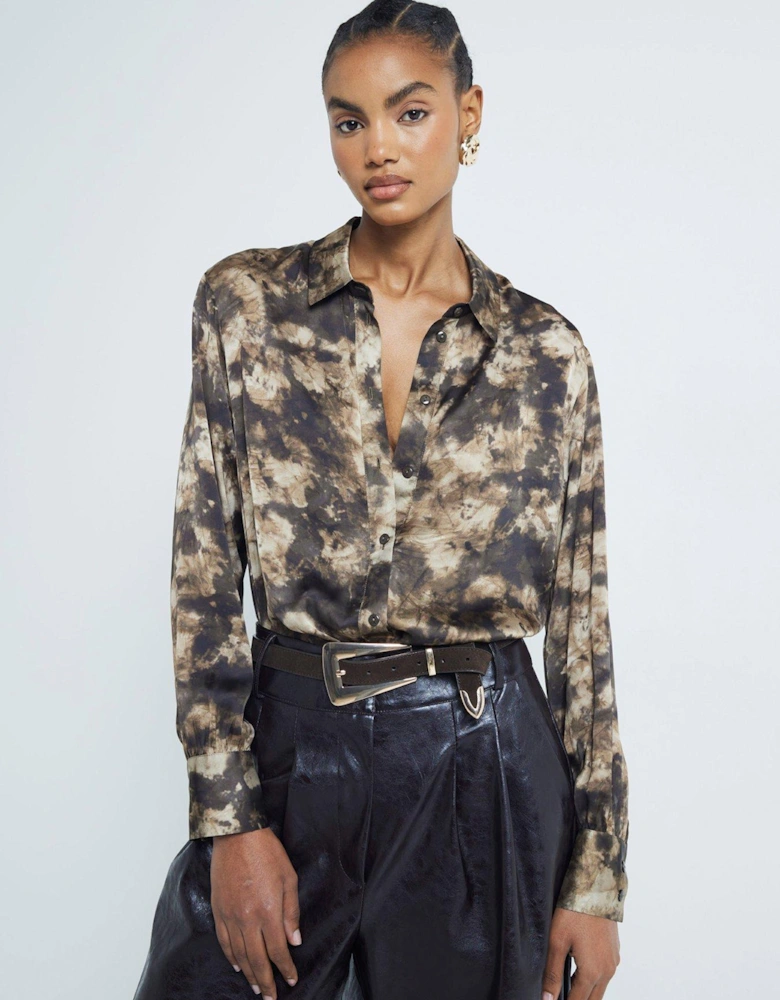 Satin Printed Longline Shirt - Brown