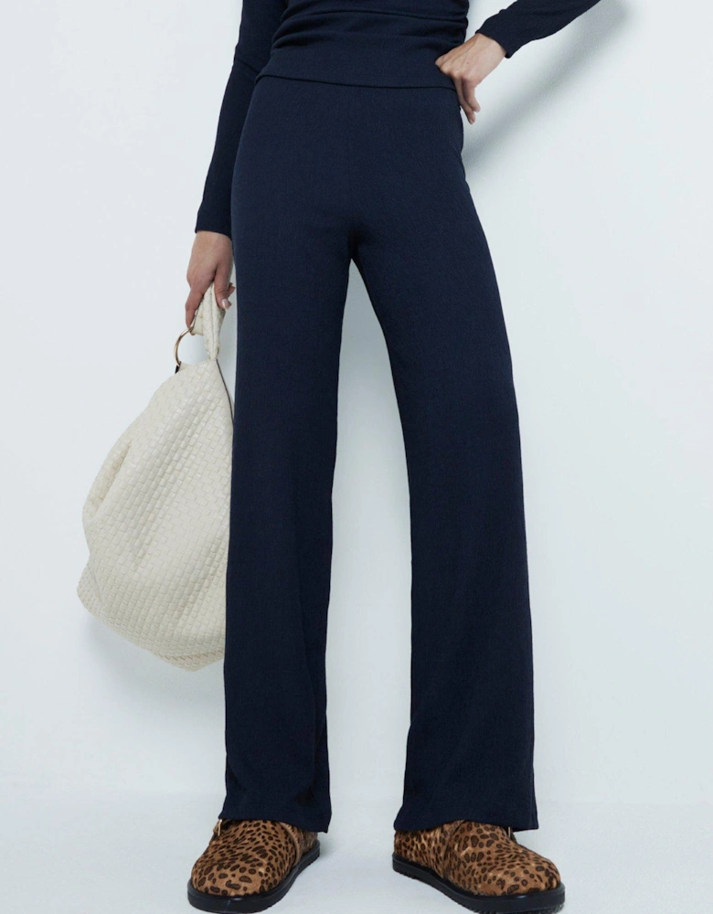 Textured Wide Leg Trouser - Navy