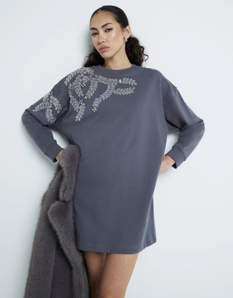 Washed Embellished Leaf Sweat Dress - Dark Grey