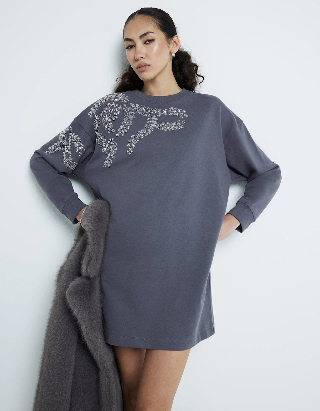 Washed Embellished Leaf Sweat Dress - Dark Grey, 7 of 6