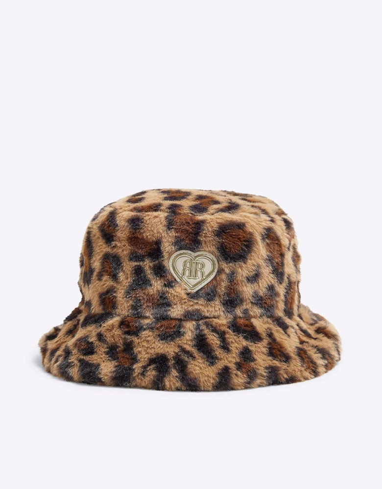 Girls Leopard Print Faux Fur Bucket Hat - Beige