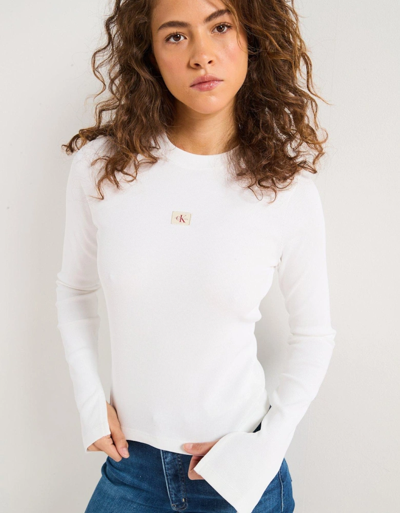 Woven Label Logo Ribbed Long Sleeve Top - White