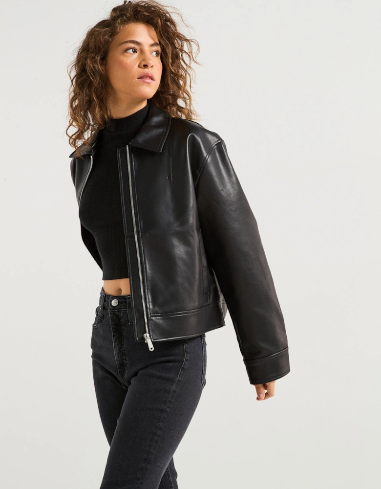 Faux Leather Zipped Jacket - Black