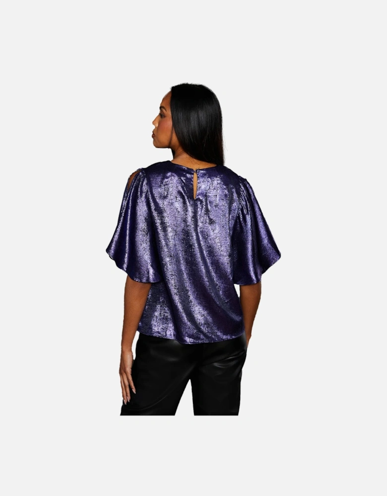 Womens/Ladies Metallic Slit Sleeve Top