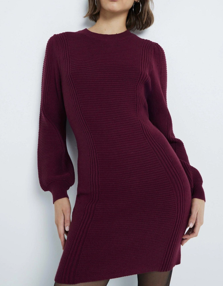 Ribbed Detail Mini Dress - Dark Red