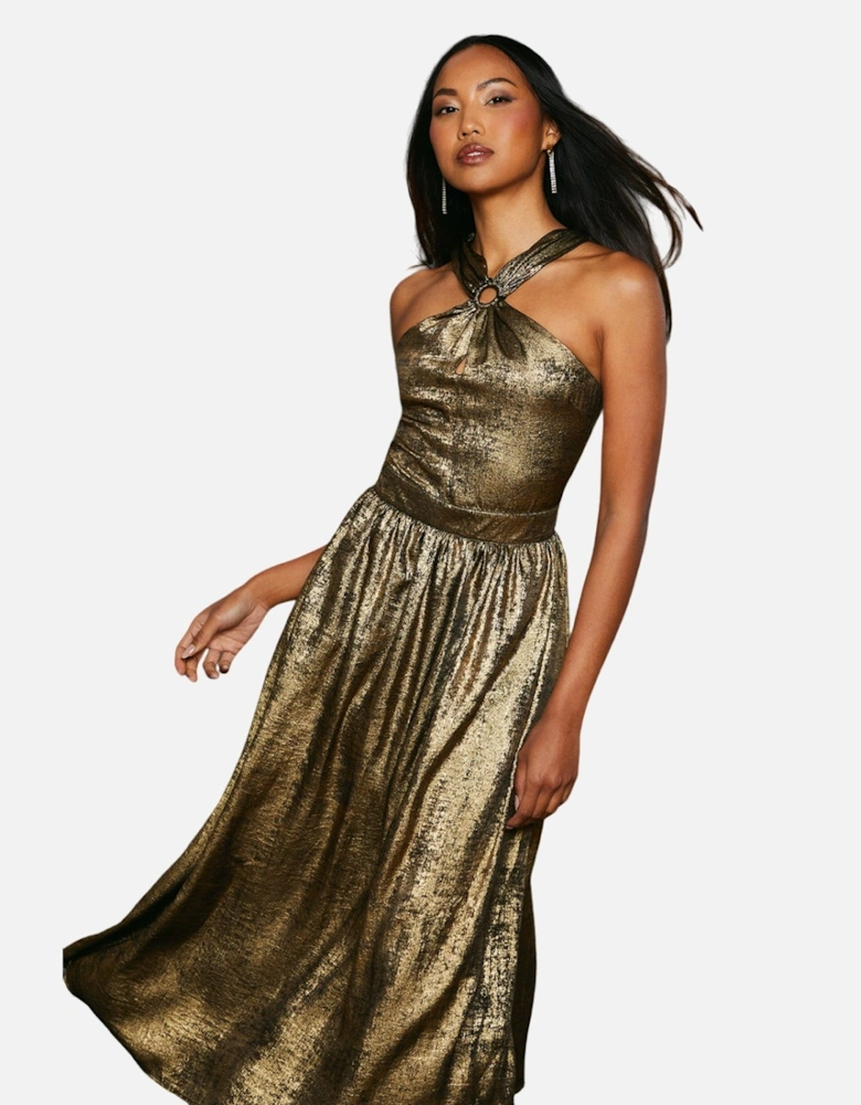 Womens/Ladies Metallic Halter Neck Midi Dress