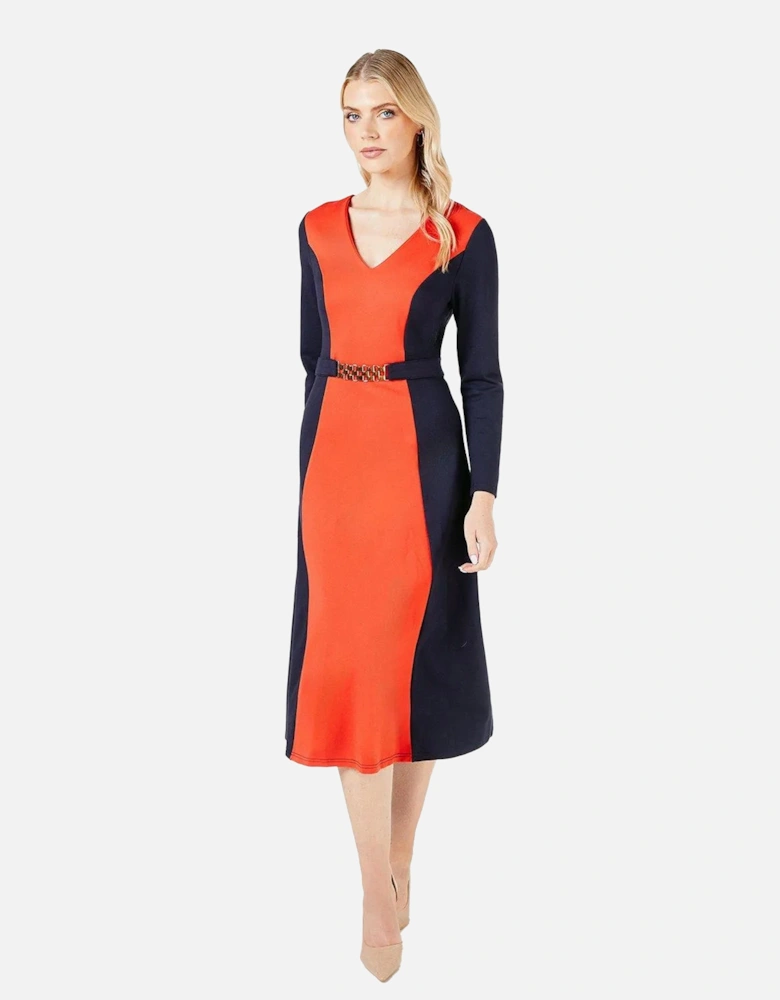 Womens/Ladies Colour Block Ponte Belted Midi Dress