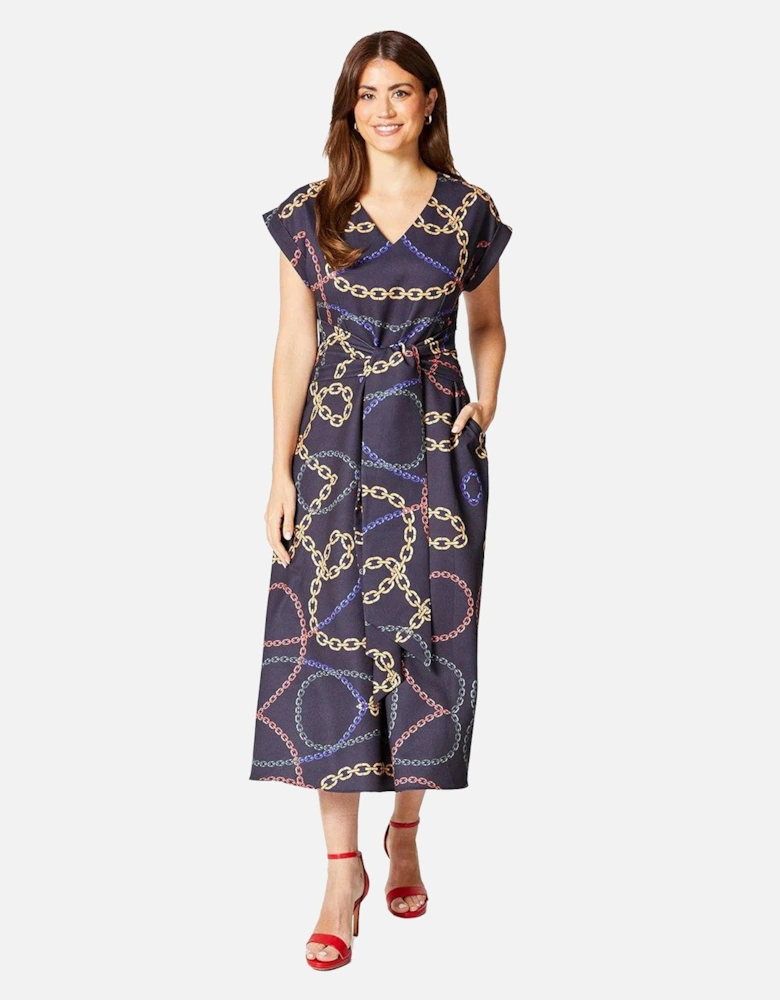 Womens/Ladies Chain Print Belted Midi Dress