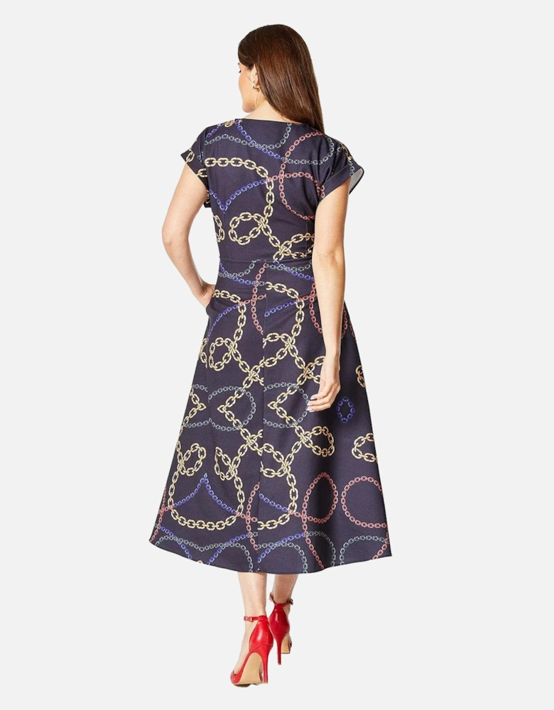 Womens/Ladies Chain Print Belted Midi Dress