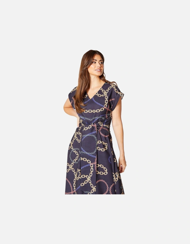 Womens/Ladies Chain Print Belted Midi Dress