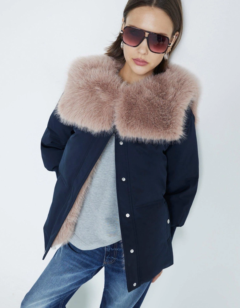 Padded Faux Fur Collar Jacket - Navy