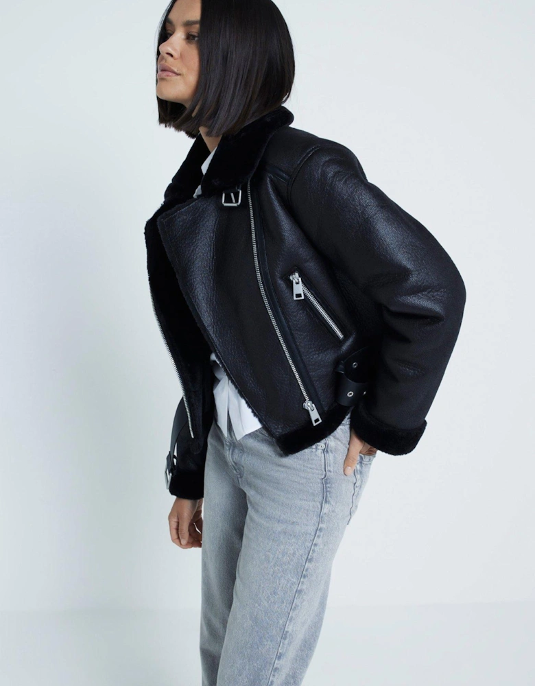 Belted Crop Aviator Jacket - Black