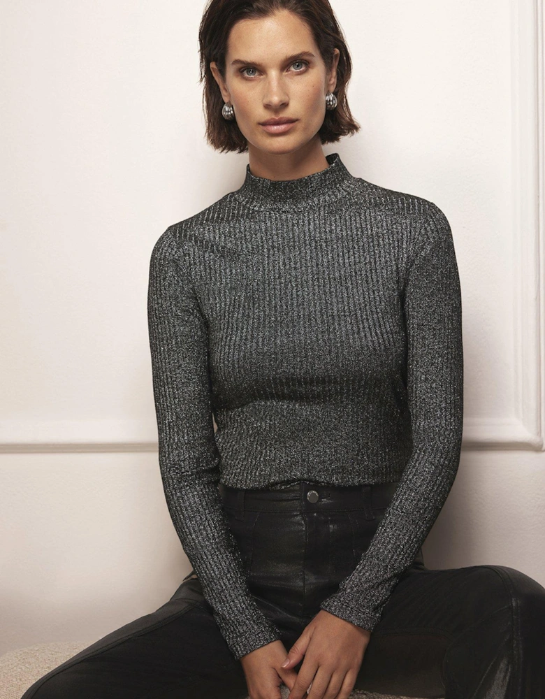 Metallic Rib Polo Top - Grey