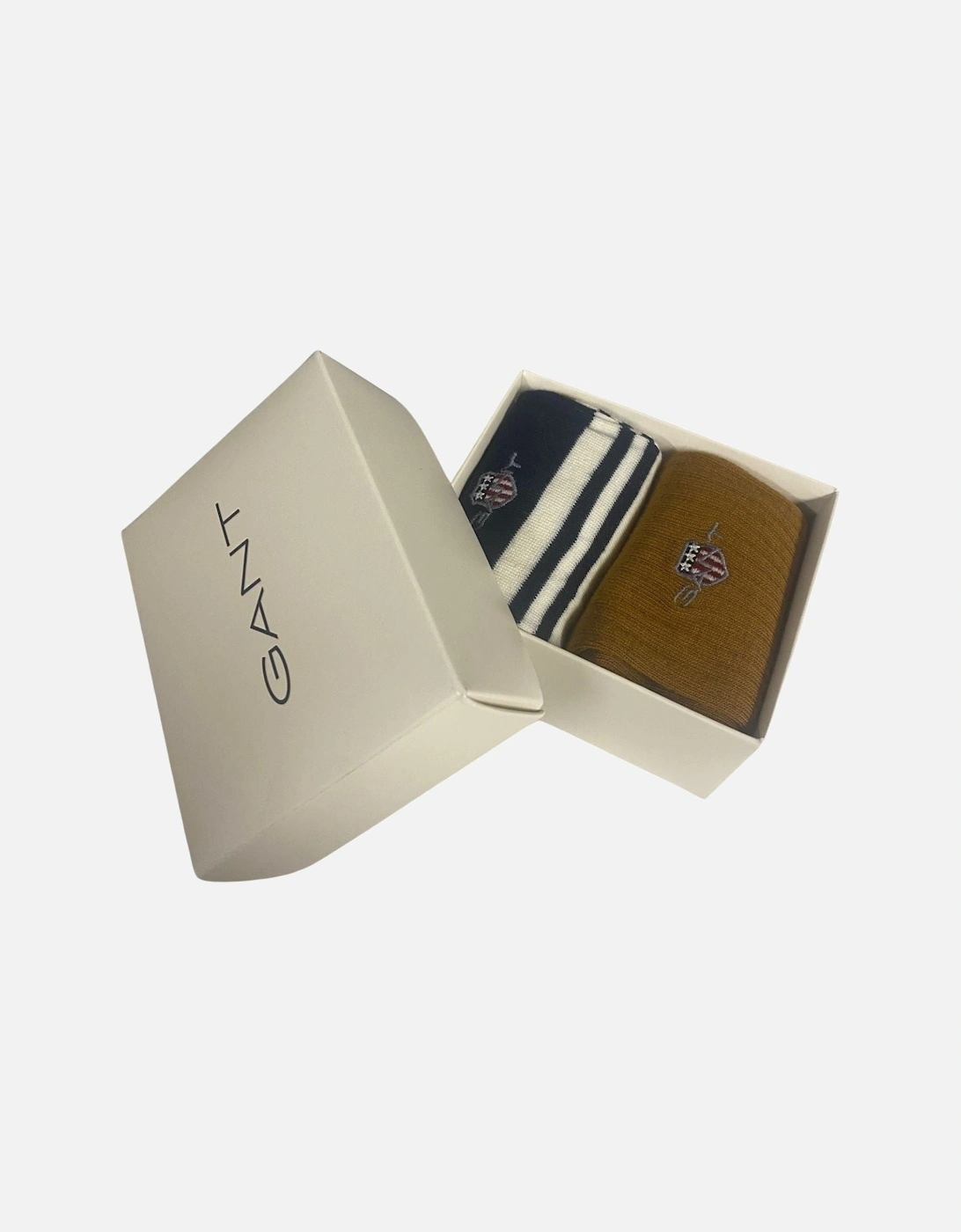 2-Pack Shield Logo Rugger Stripe Socks Gift Box, Beige/Navy