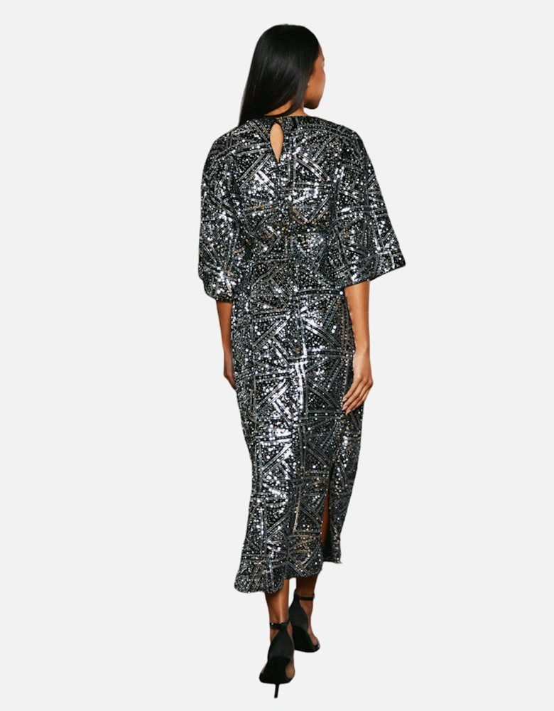 Womens/Ladies Sequin Belted Batwing Midi Dress