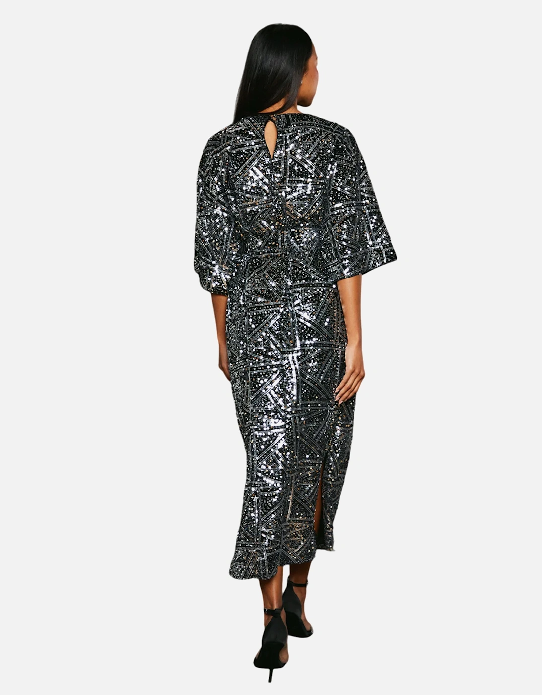 Womens/Ladies Sequin Belted Batwing Midi Dress