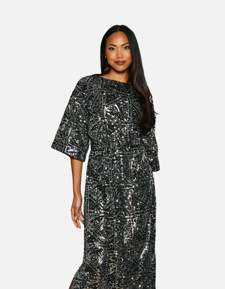Womens/Ladies Sequin Belted Batwing Midi Dress