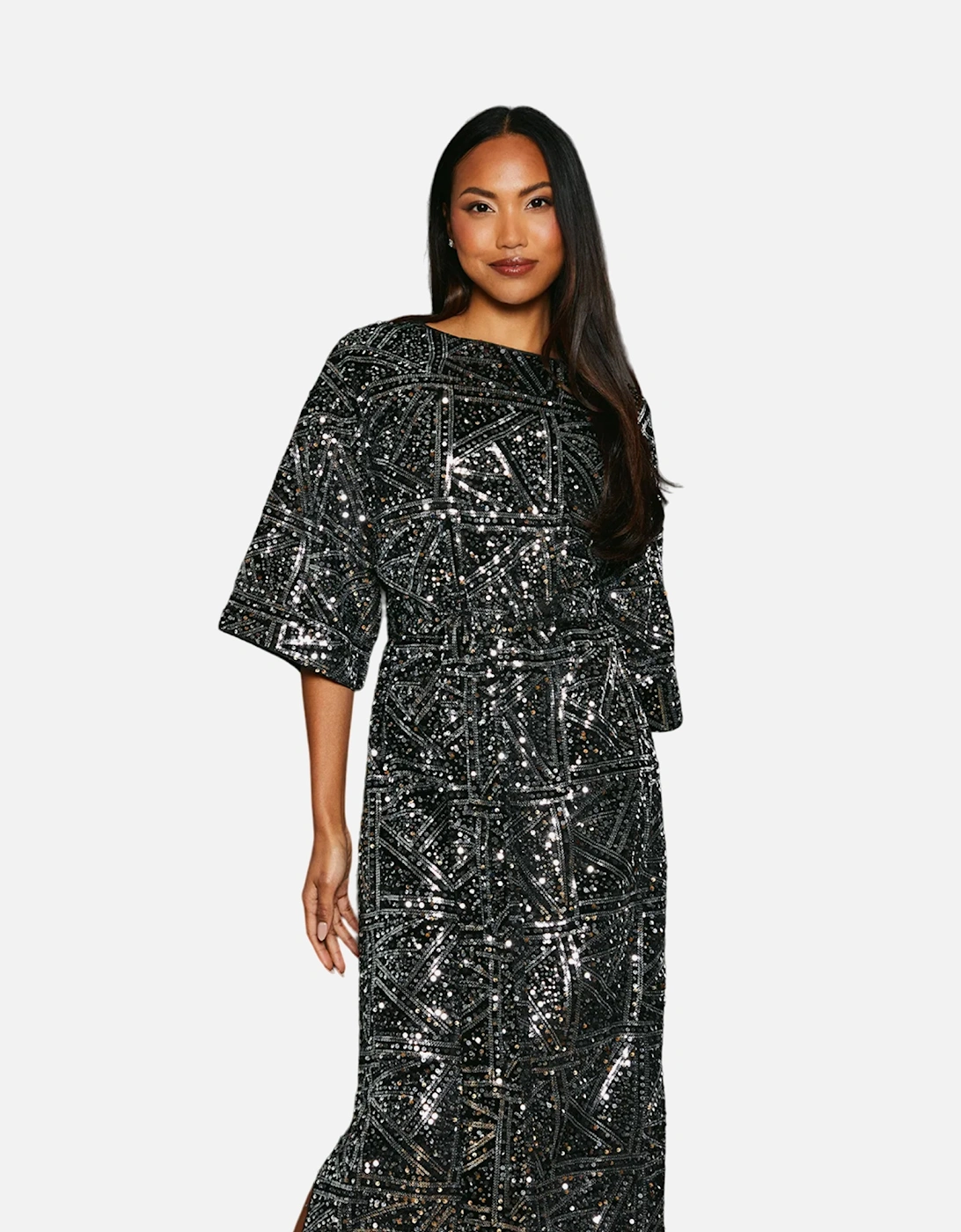 Womens/Ladies Sequin Belted Batwing Midi Dress