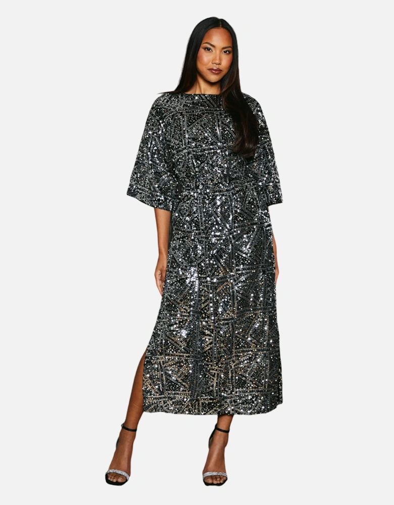 Womens/Ladies Sequin Belted Batwing Midi Dress