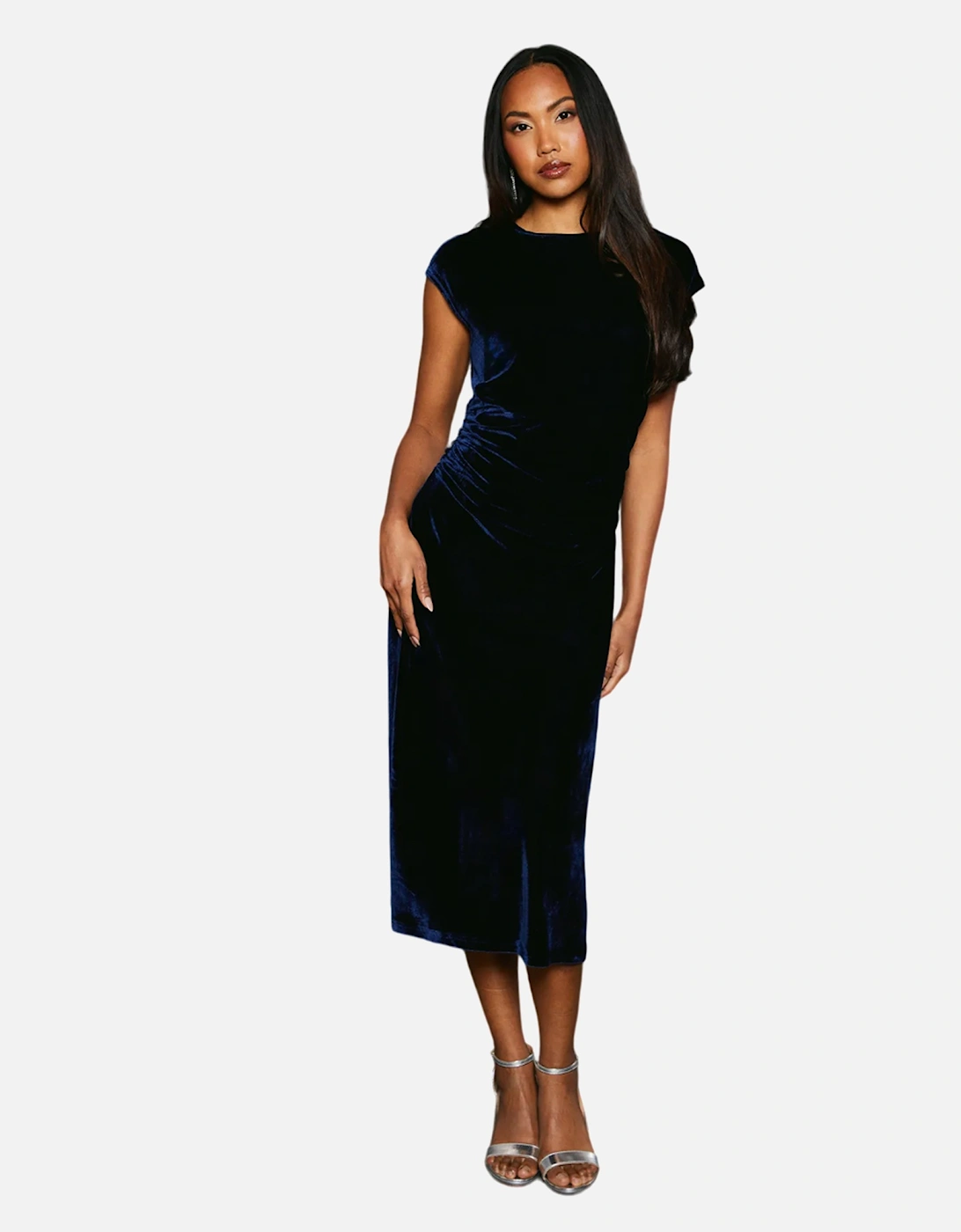 Womens/Ladies Velvet Ruched Waist Midi Dress