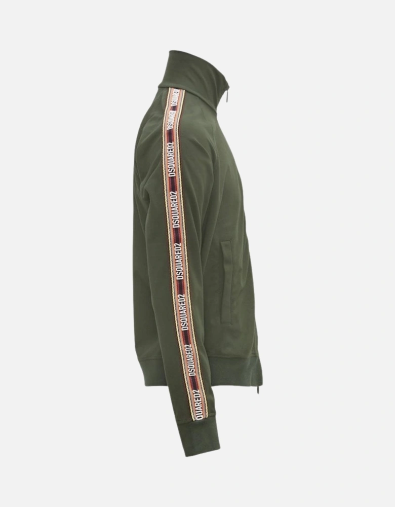 Taped Sleeves Military Green Zip-Up Sweatshirt