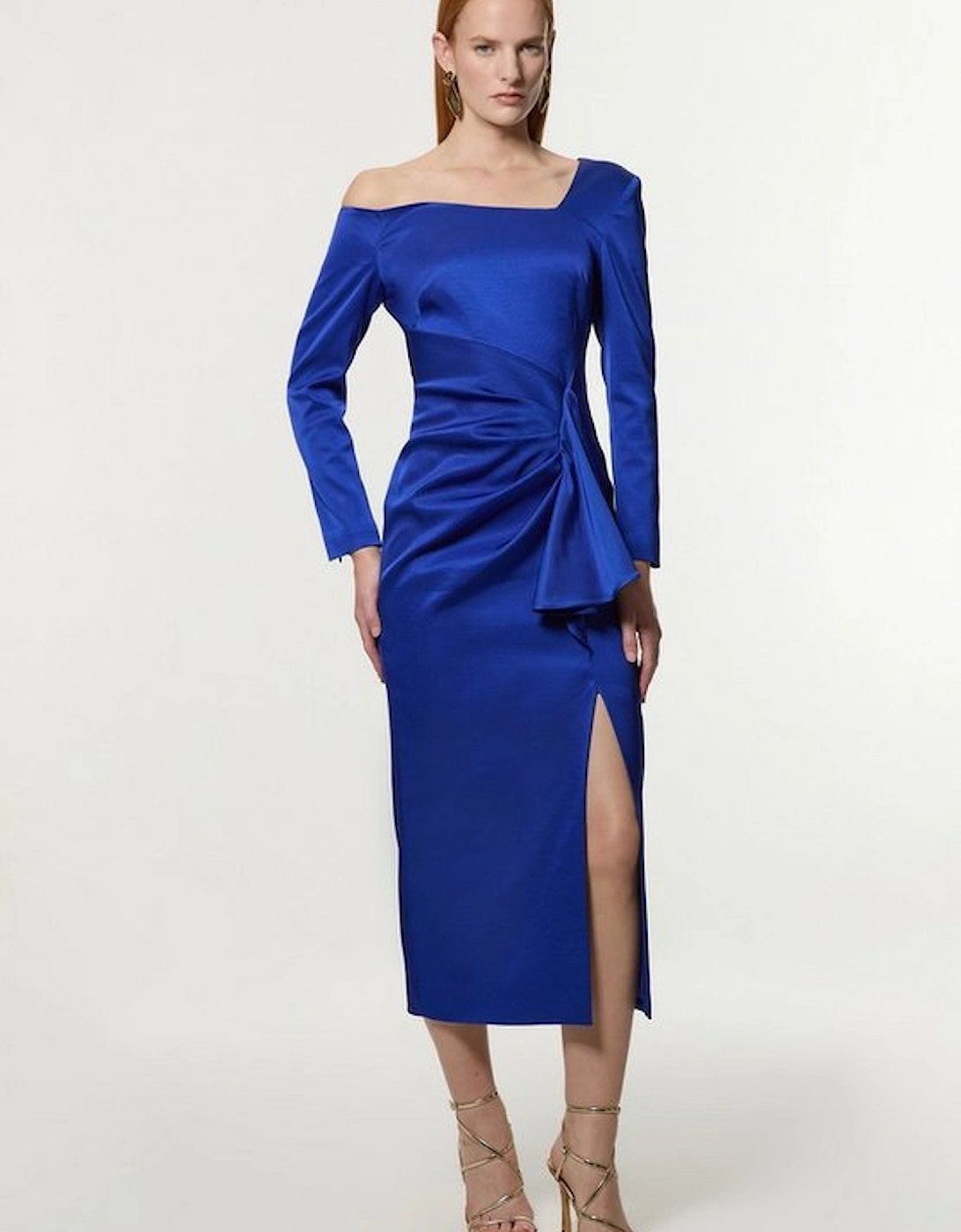 Tall Italian Structured Rib Asymmetric Neckline Draped Tailored Midi Dress, 4 of 3