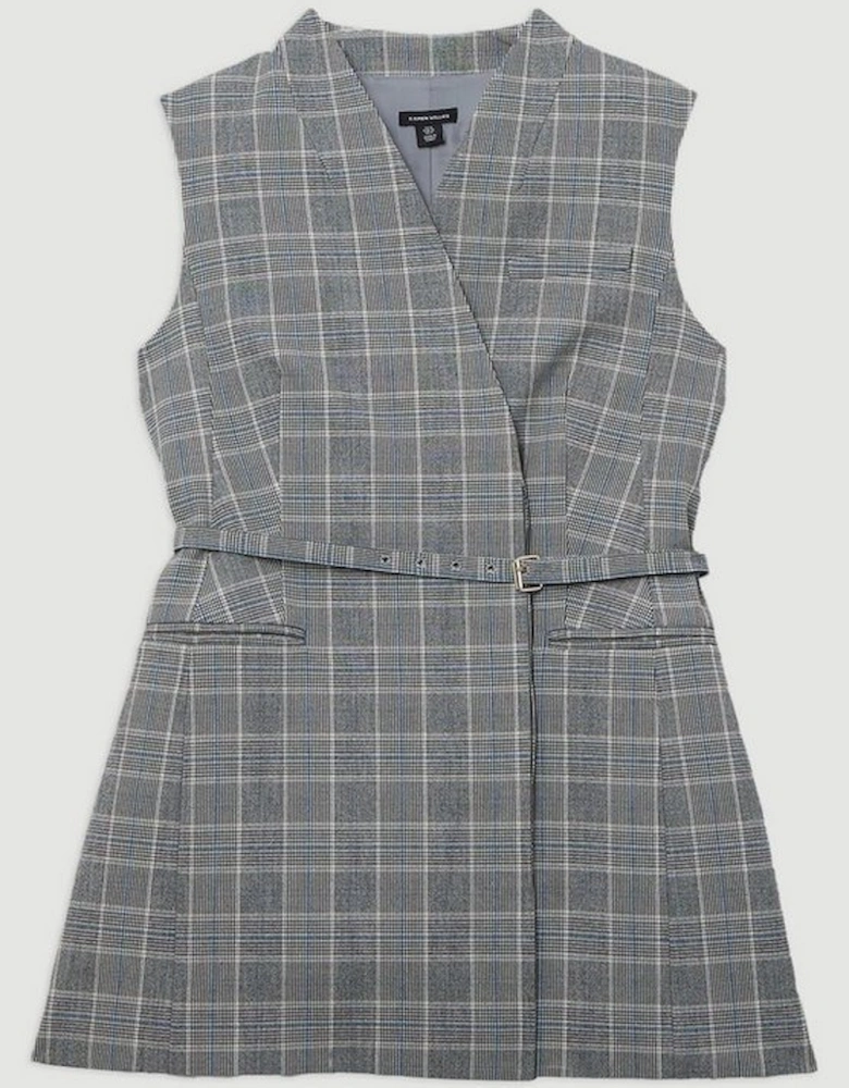 Grey Check Tailored Collarless Belted Sleeveless Blazer