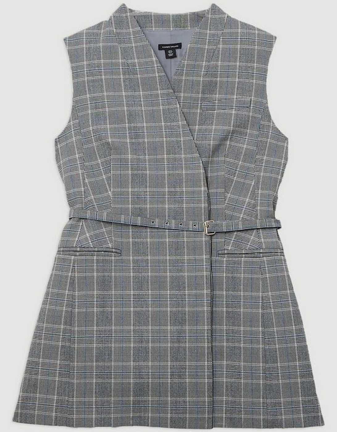 Grey Check Tailored Collarless Belted Sleeveless Blazer