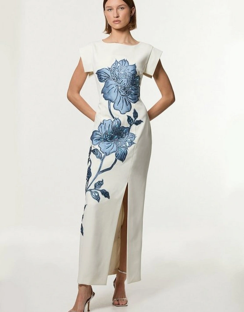 Tailored Applique Satin Beaded Maxi Dress