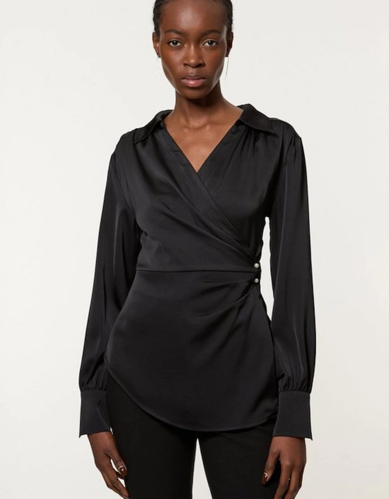 Satin Back Crepe Pearl Detail Wrap Blouse