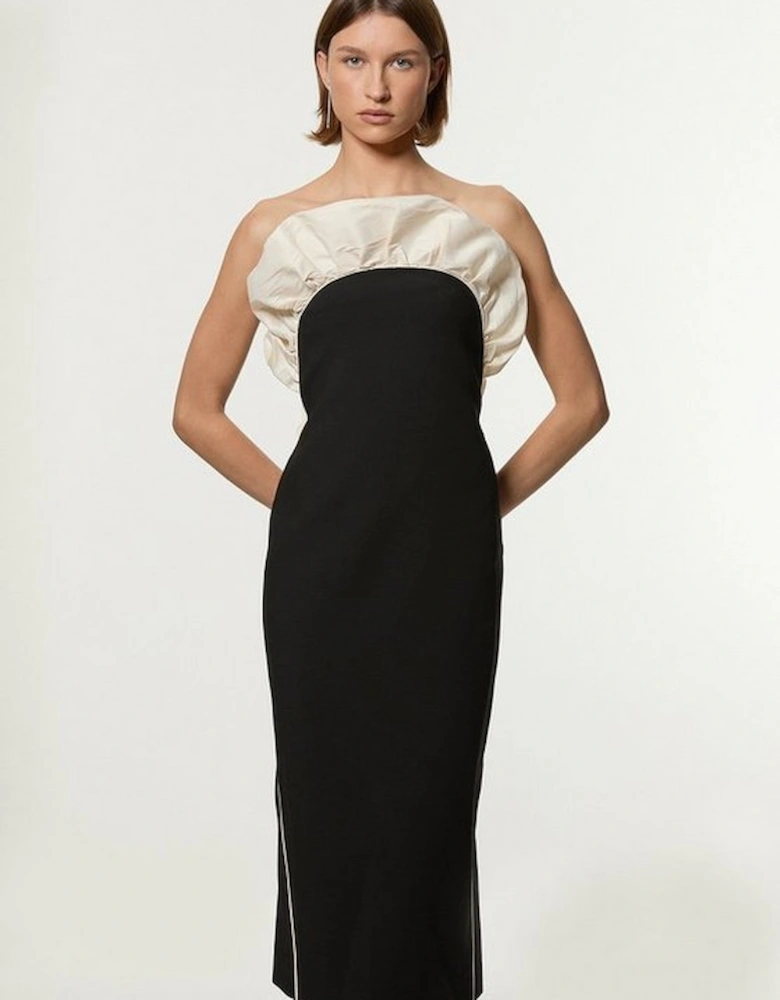 Ruffle Taffeta Compact Stretch Bandeau Tailored Midi Dress