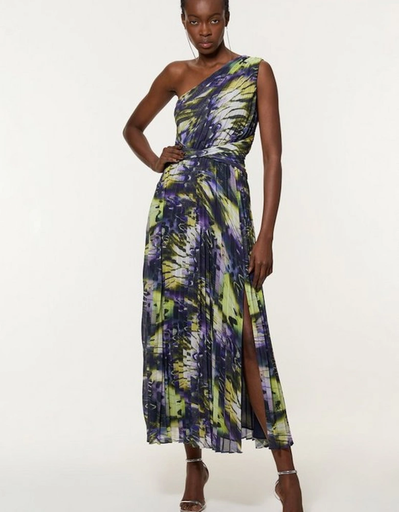 Crinkle Feather Print Woven One Shoulder Maxi Dress